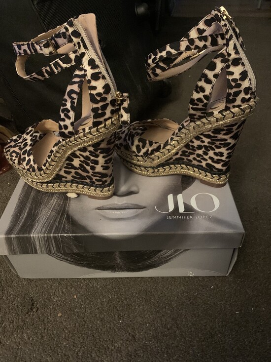 Jennifer Lopez Shoes - Jennifer Lopez Leopard-Print Wedge Sandals with Gold Trim